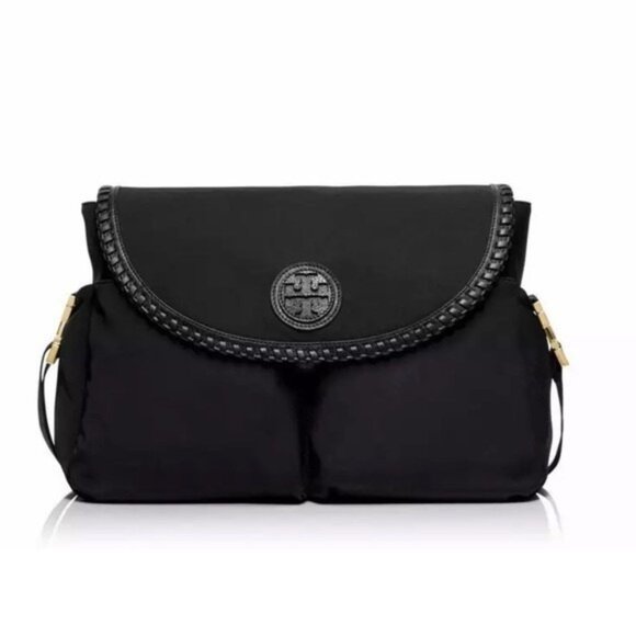 Tory Burch Marion Messenger Diaper Bag Nylon Leather Trim Travel Black - Picture 1 of 5